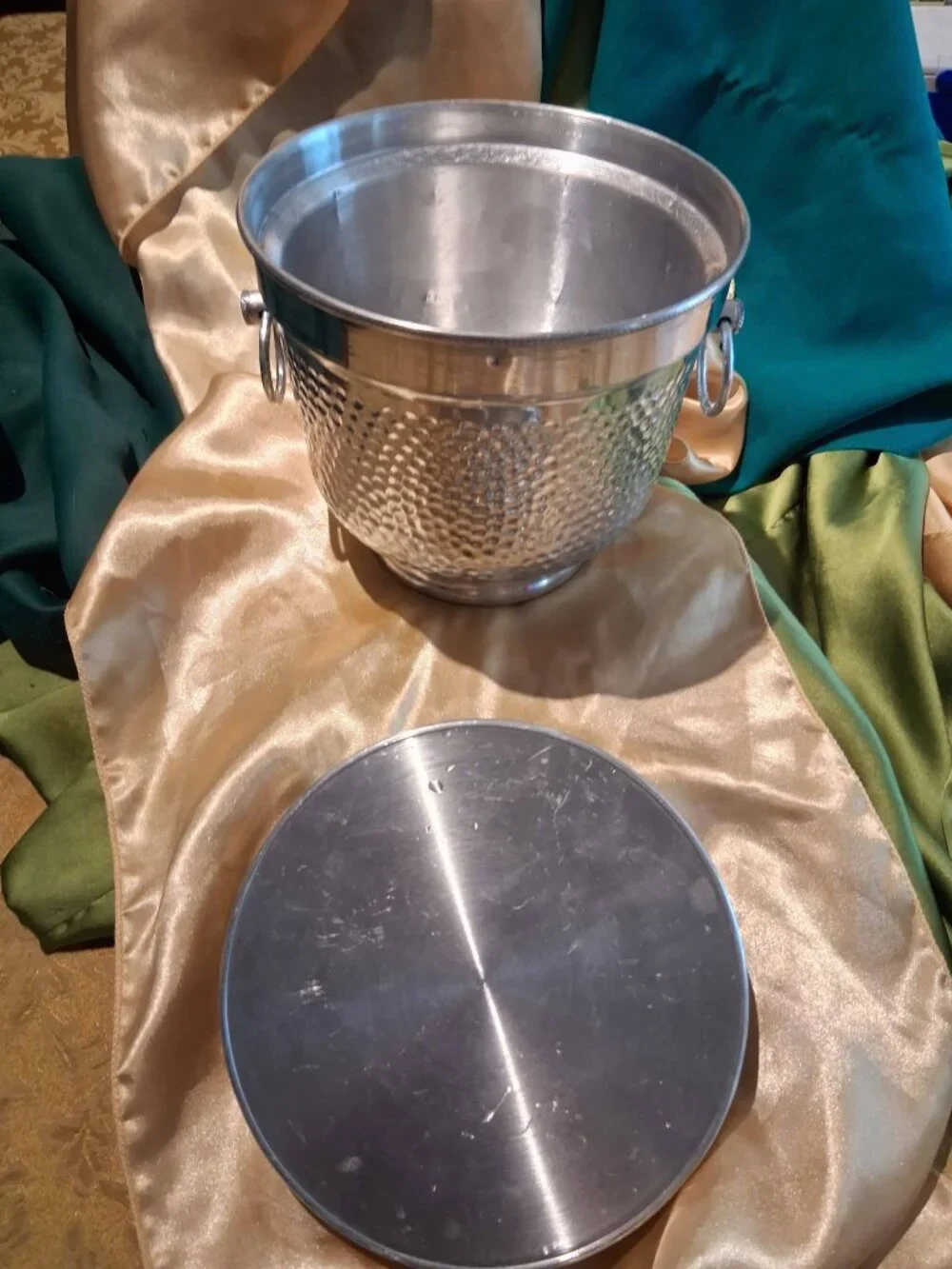Italian Vintage Hammered Aluminum Ice Bucket Lid Drop Ring Handles MCM Barware